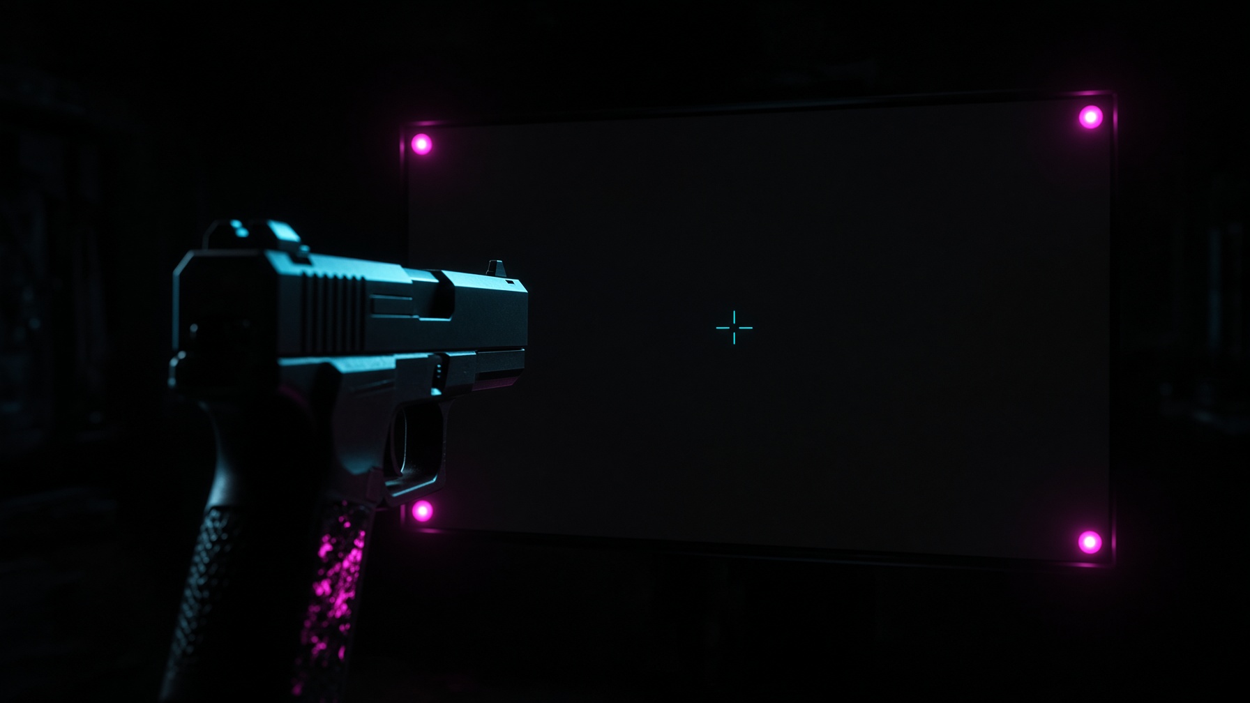 A black light gun aimed at a dark screen, with magenta infrared lamps at the four corners.